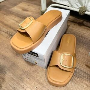 Bamboo Tan Slide Sandals with Gold Buckle